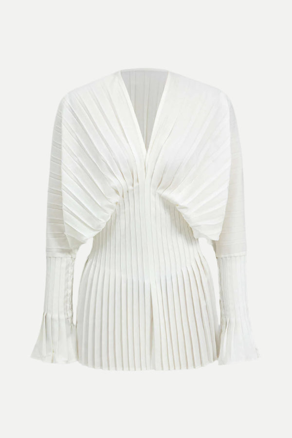 Pleated Bell Sleeve V-Neck Mini Dress in white