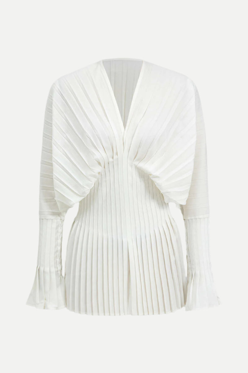 Pleated Bell Sleeve V-Neck Mini Dress in white