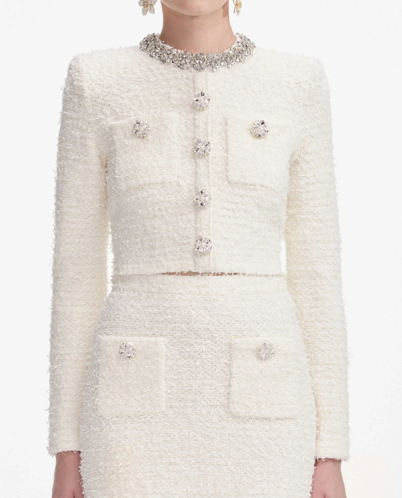 alisa Diamond-embellished tweed cardigan skirt set in white