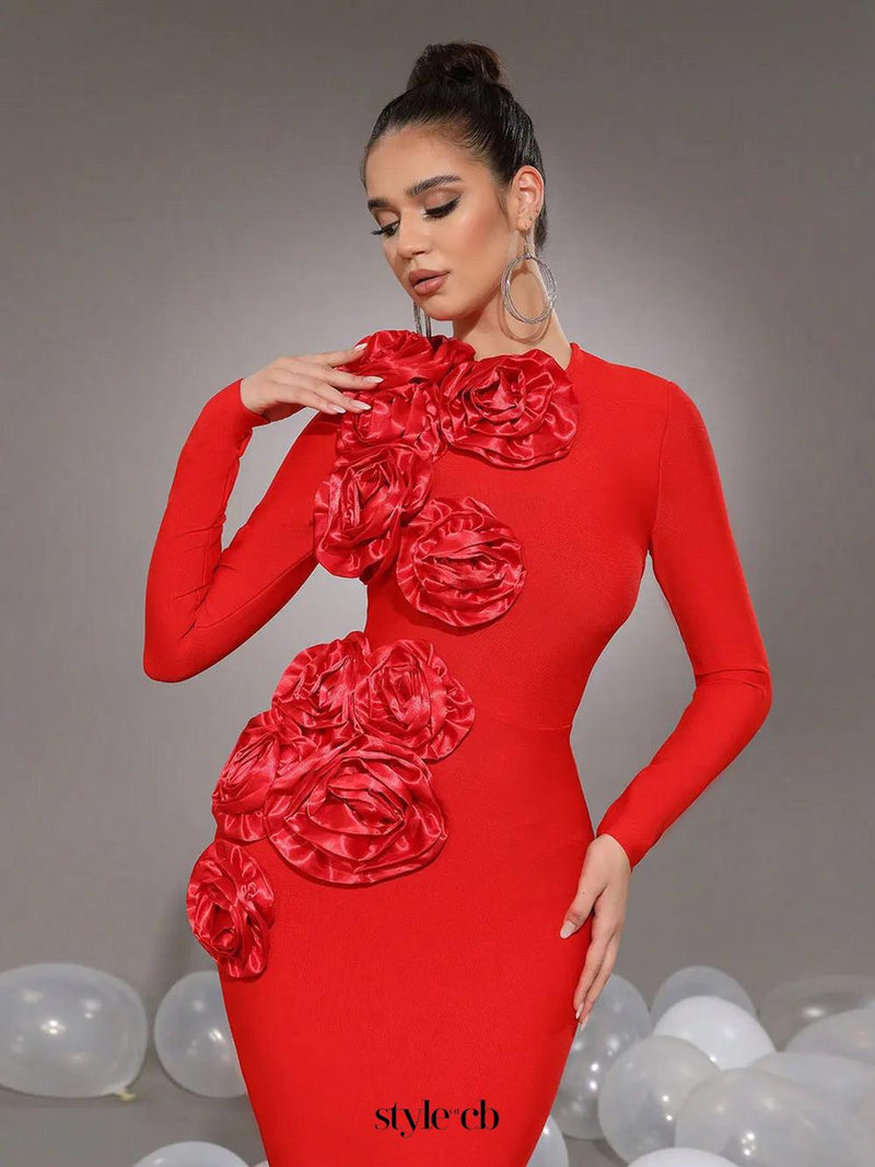 sally 3D Flower Decorative Bandage maxi Dress in red