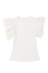 Black Dotty Mesh Ruffle Sleeve Ribbed Knit Top