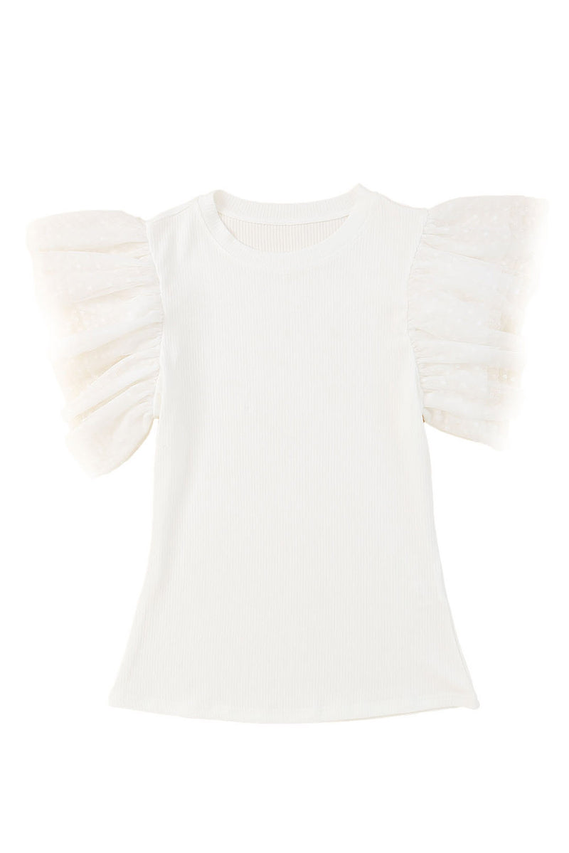 Black Dotty Mesh Ruffle Sleeve Ribbed Knit Top