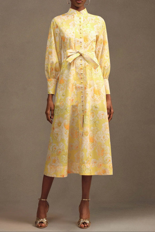 xaviera Long Sleeve Floral Printed Chiffon Maxi Dress in yellow