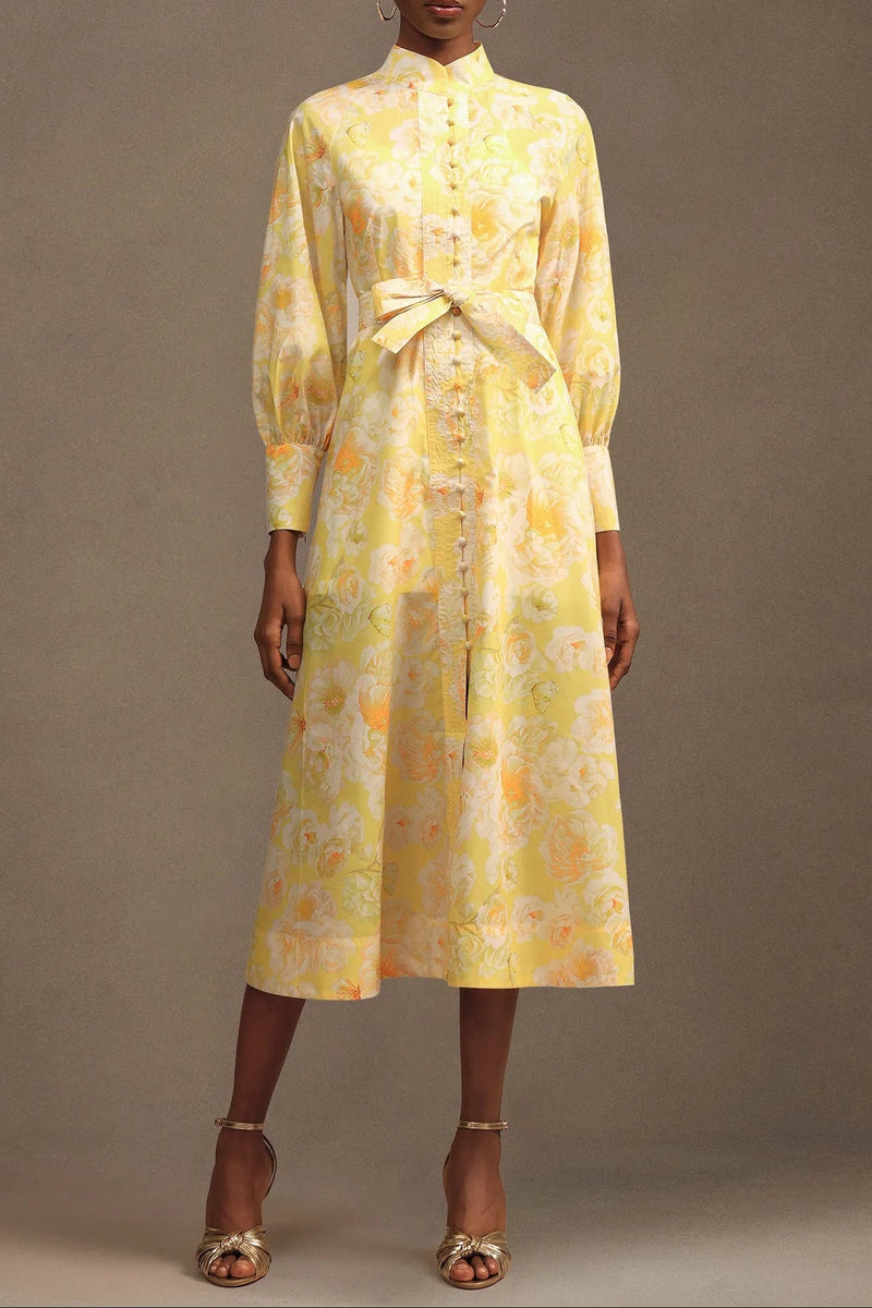xaviera Long Sleeve Floral Printed Chiffon Maxi Dress in yellow