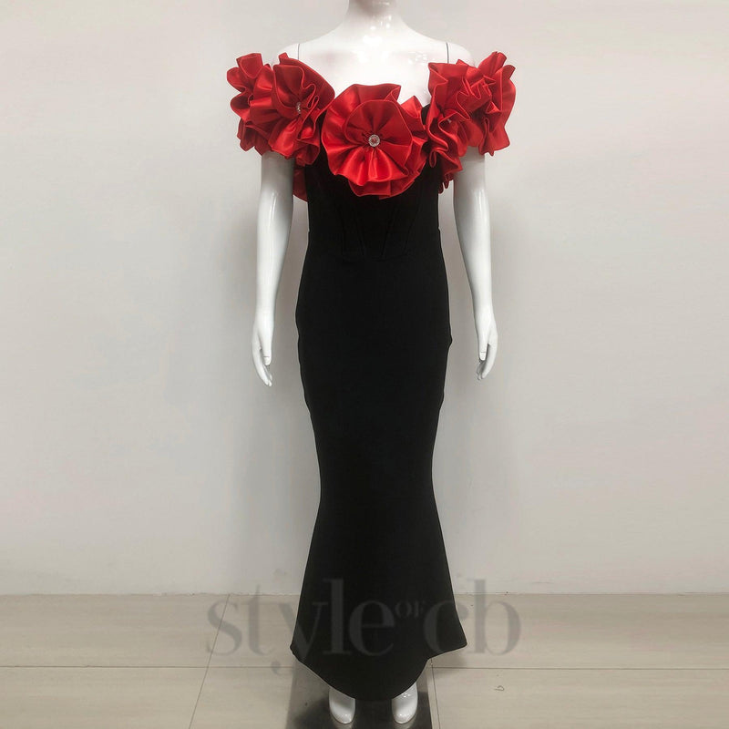 red flower embellished strapless Bandage maxi dress