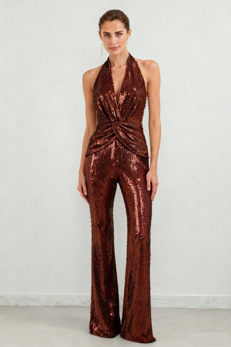 nora brown Sequin halterneck deep V high waist flared jumpsuit