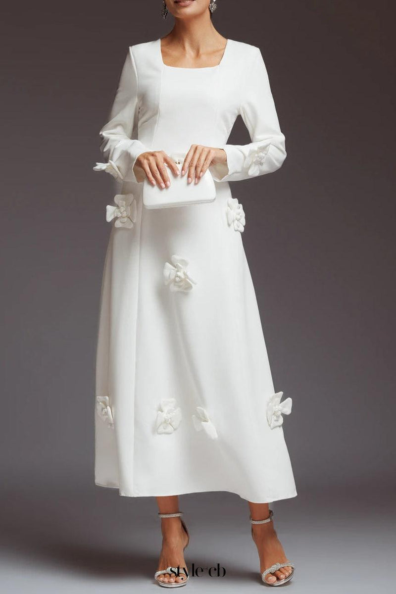 winifred 3d flower embellished  long sleeve maxi dress in white
