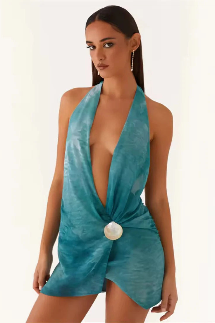 Teal Beach Halter Neck Mini Dress
