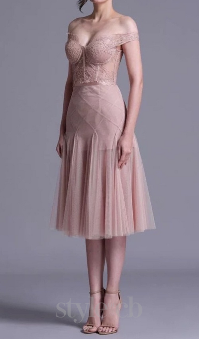 floral dentelle off-shoulder bustier corset net skirt set in pink