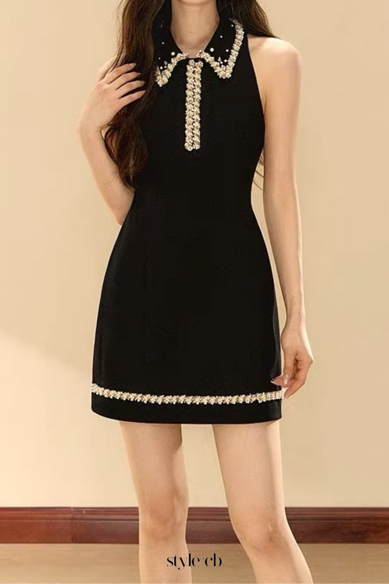 pearl embellished gold chain splice mini dress in black