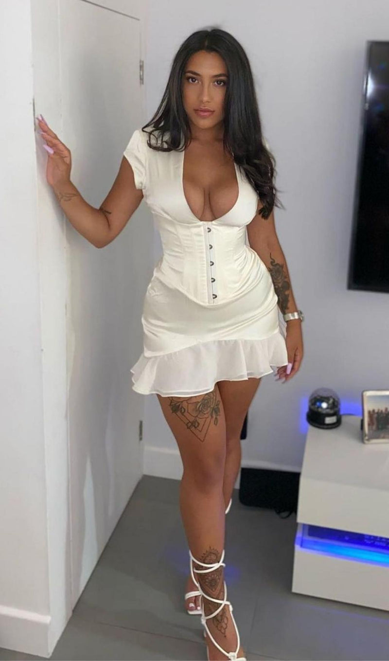 BODYCON V NECK MINI DRESS IN WHITE Dresses styleofcb 