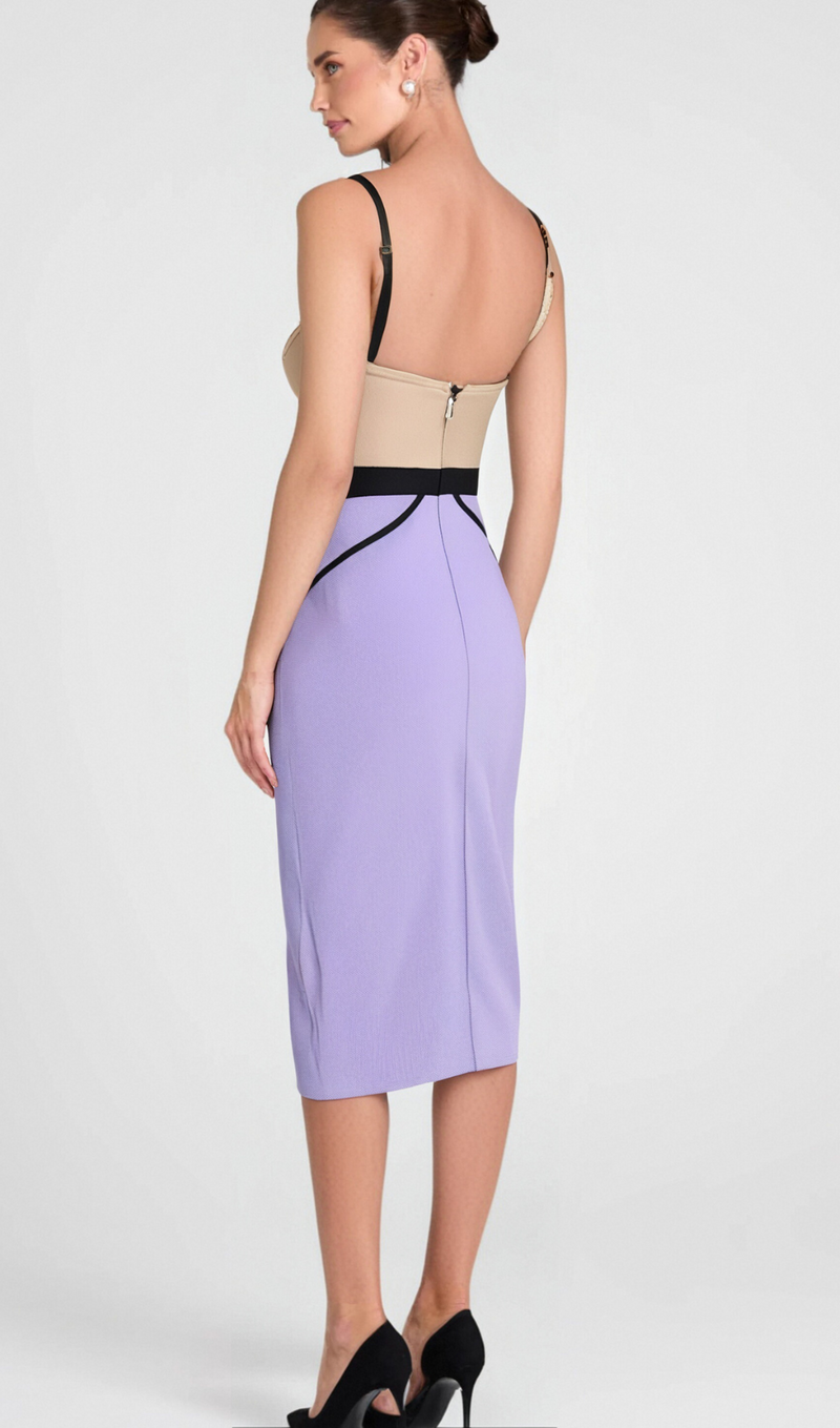 CRYSTAL BEADED APPLIQUE MIDI BANDAGE DRESS