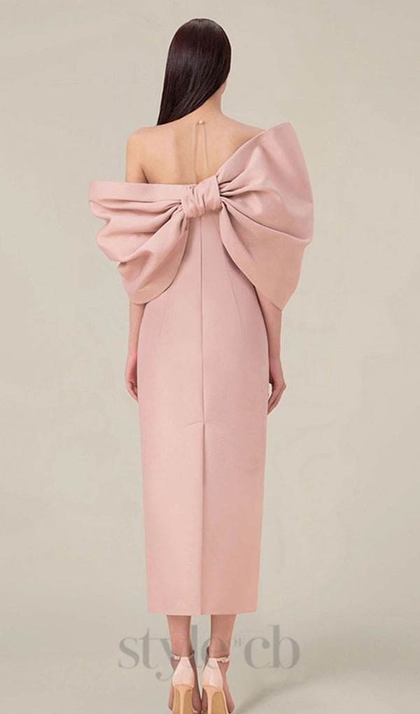 OFF SHOULDER RUCHED MIDI DRESS IN PINK