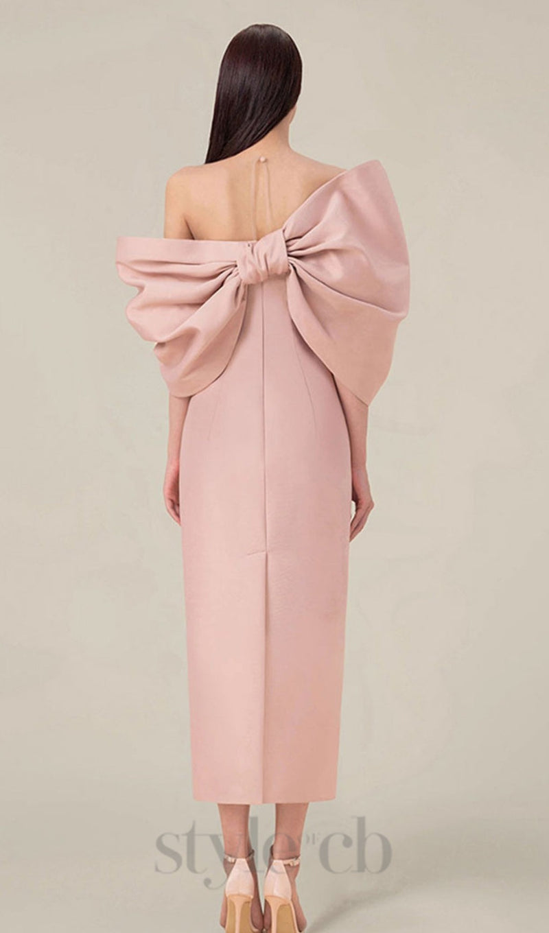 OFF SHOULDER RUCHED MIDI DRESS IN PINK