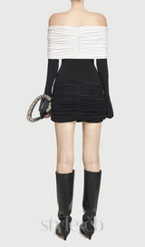 Lekeisha Off Shoulder Draped Mini Dress in Black