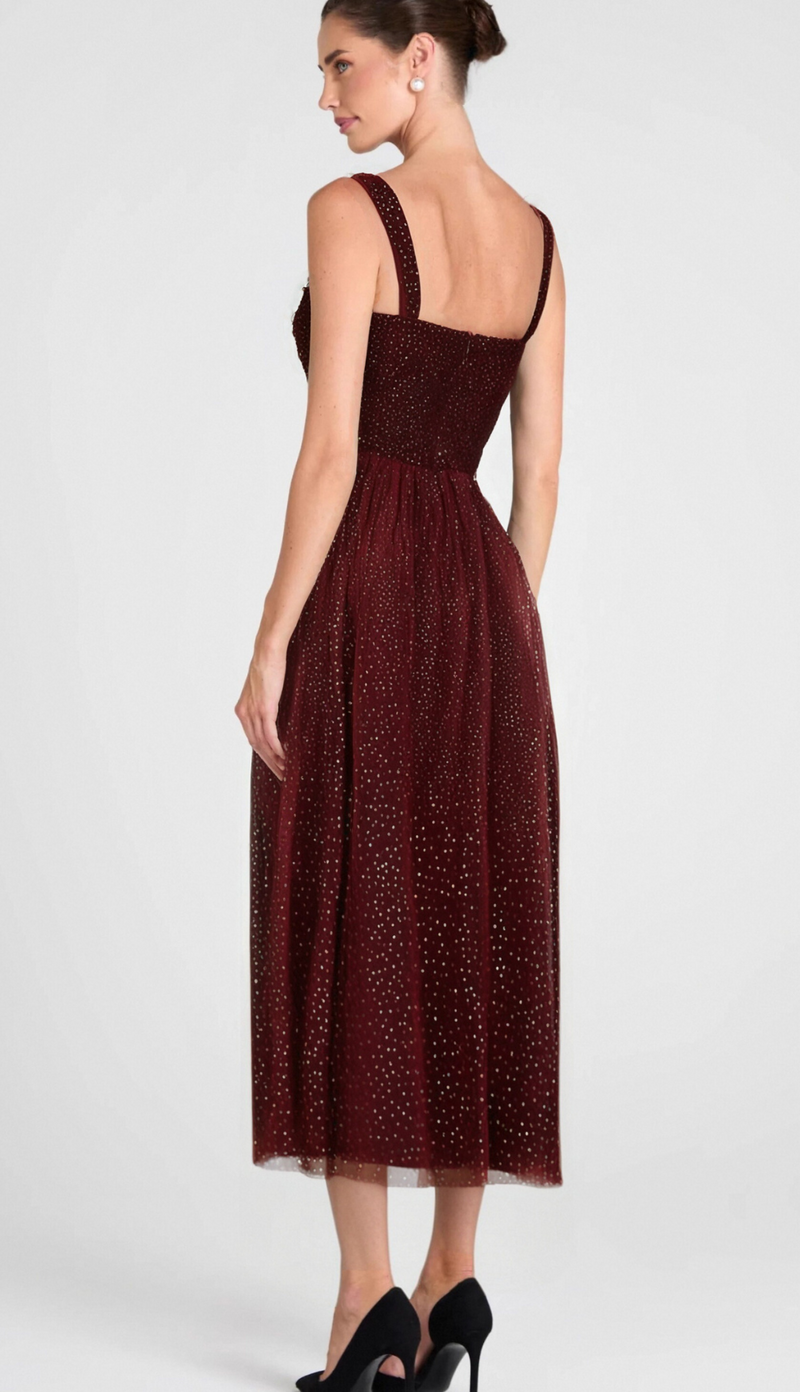 RUCHED BUST RHINESTONE MESH CAMI DRESS