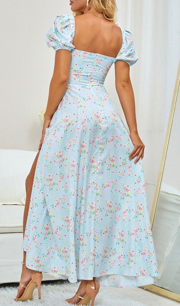 VINTAGE FLORAL PUFF SLEEVE MIDI DRESS IN BLUE