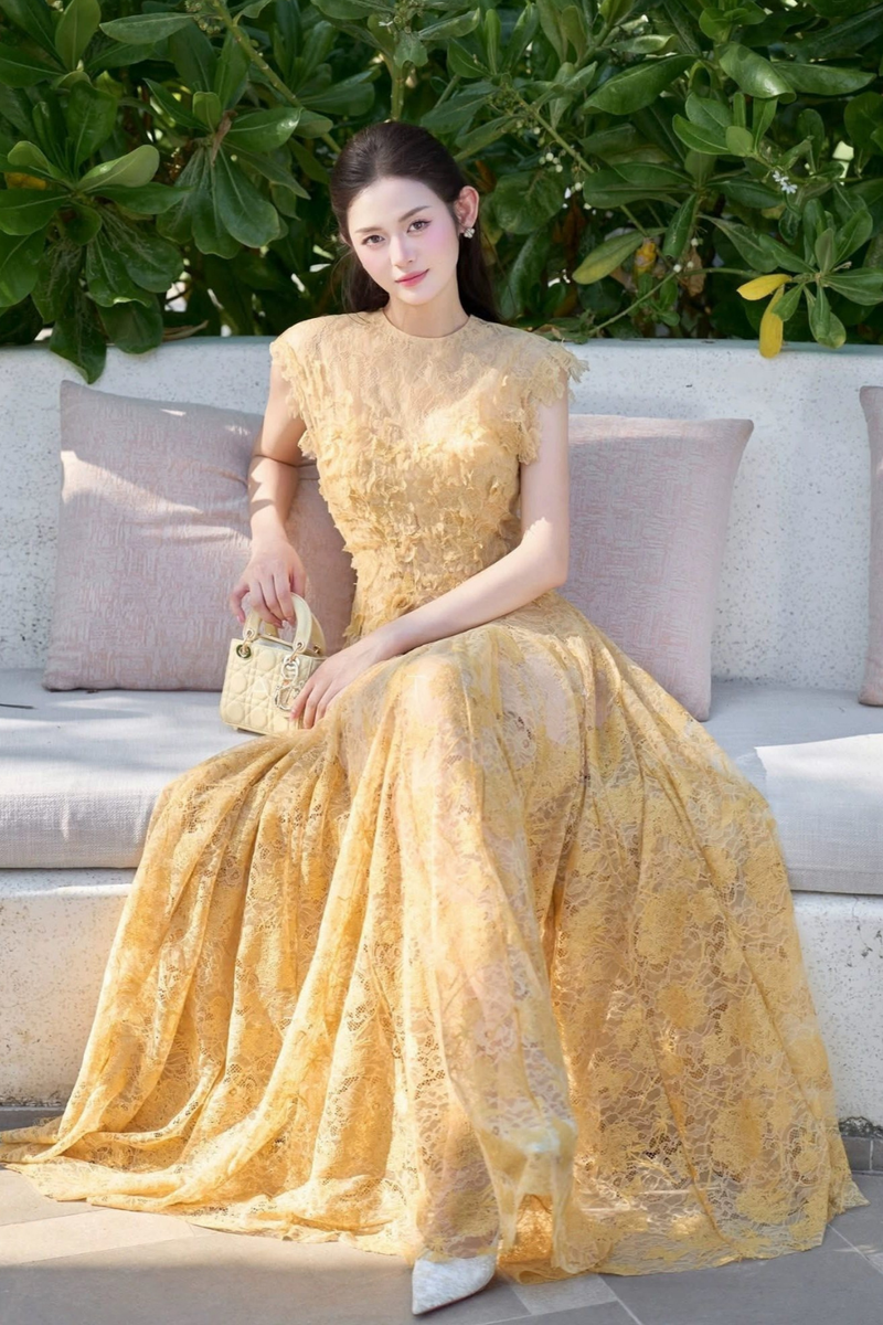 jennifer Lace Flower embellished maxi Dress in yellow