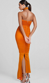 ORANGE OPEN BACK RUCHED FLOWER BODYCON MAXI DRESS