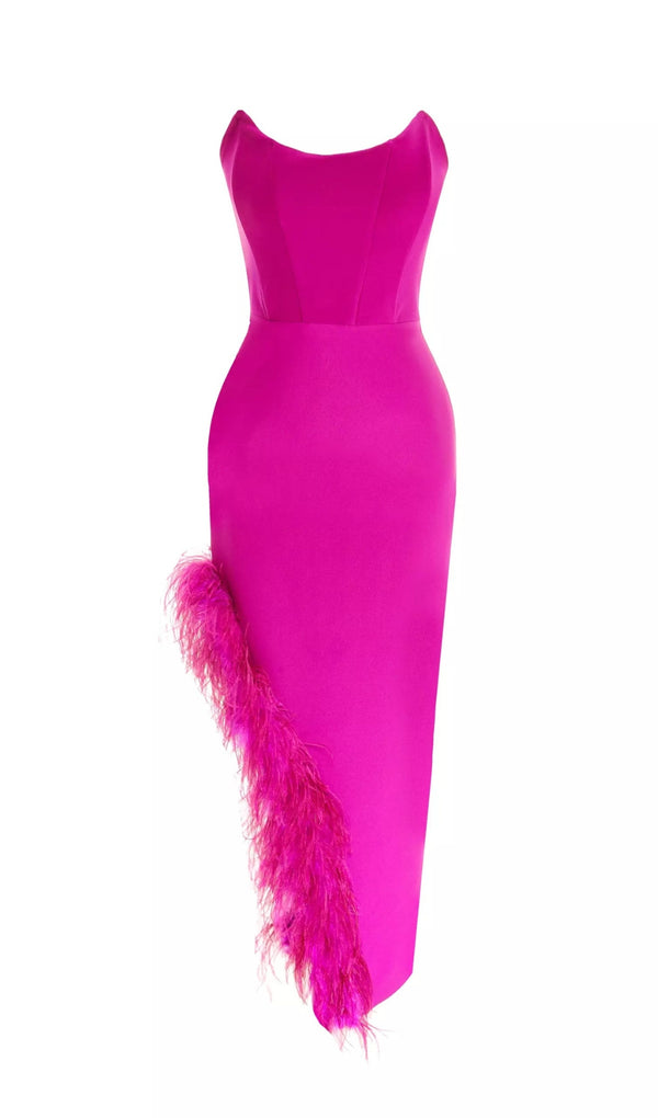FEATHER HIGH-LOW DRESS IN HOT RED