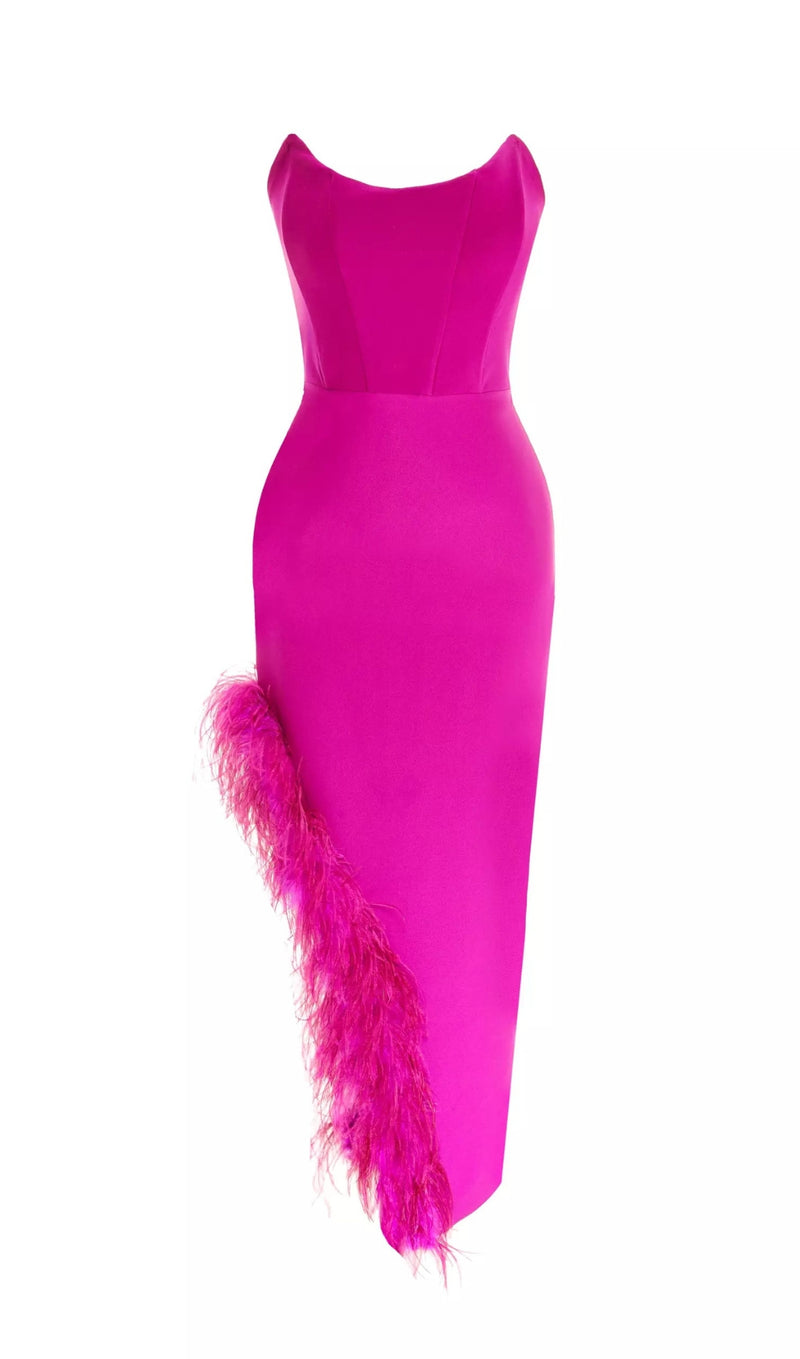 FEATHER HIGH-LOW DRESS IN HOT RED