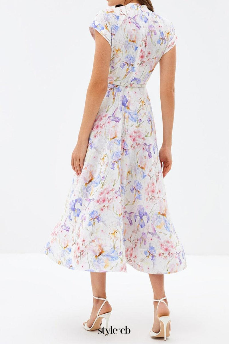 multicolor floral print a-line midi dress