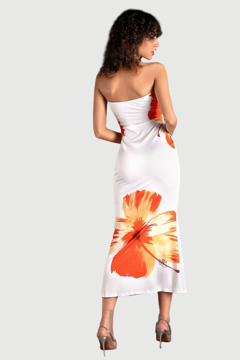 SARRIDES STRAPLESS PRINT MIDI DRESS