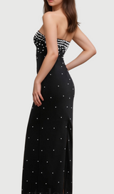 pearl-embellished strapless gown in black