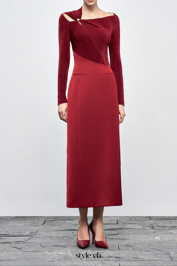 Eleanor Sheath Asymmetric Neck Taffeta Midi Dress in red