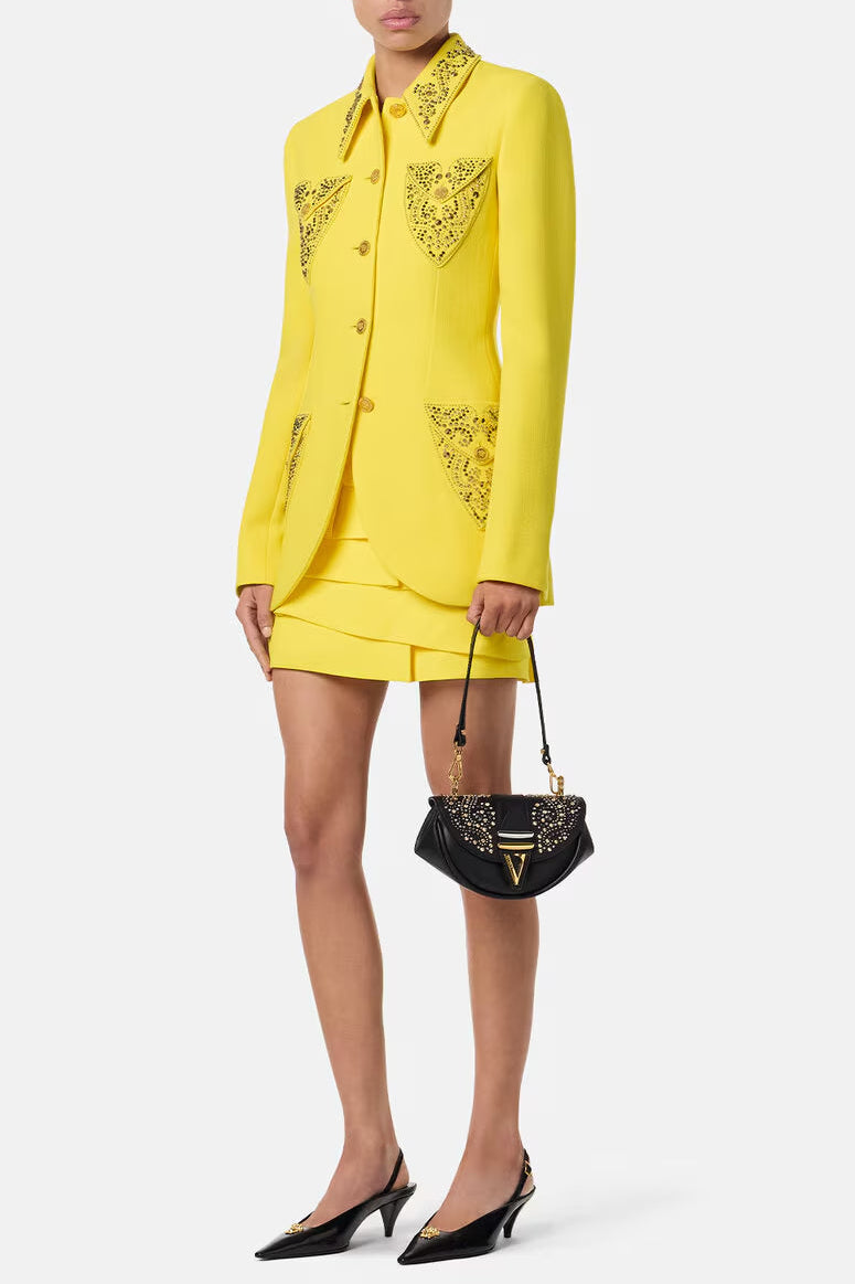 anila Studded Wool Fitted Single-Breasted Blazer in yellow