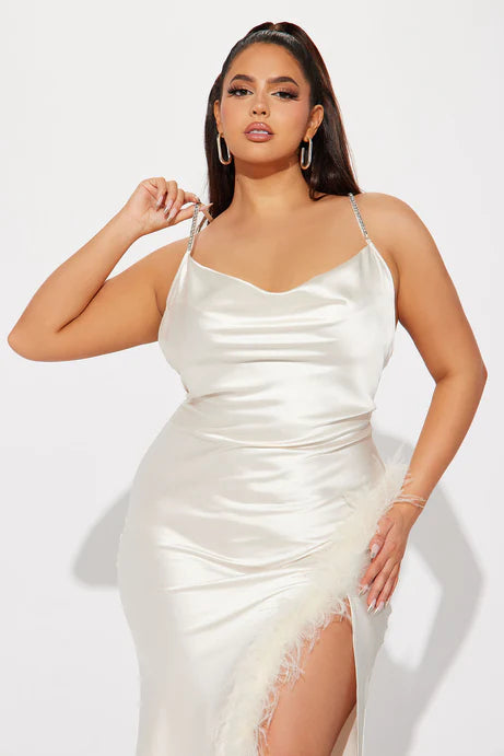 Isabella Feather Trim Satin Gown in Cream