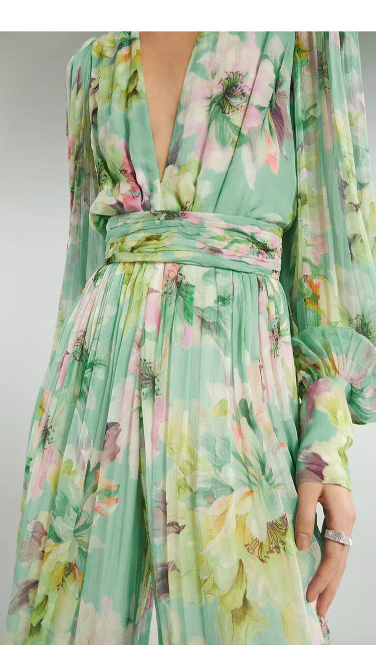 V Neck floral print chiffon maxi dress in green