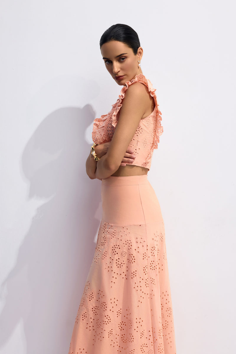 bonnie V-neck Embroidery Crop Top & Skirt Set in orange