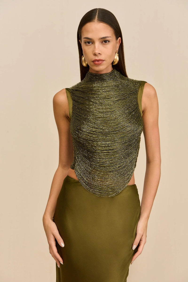 Sleeveless Turtleneck Tassel Paneled Top and Satin Skirt Set in green
