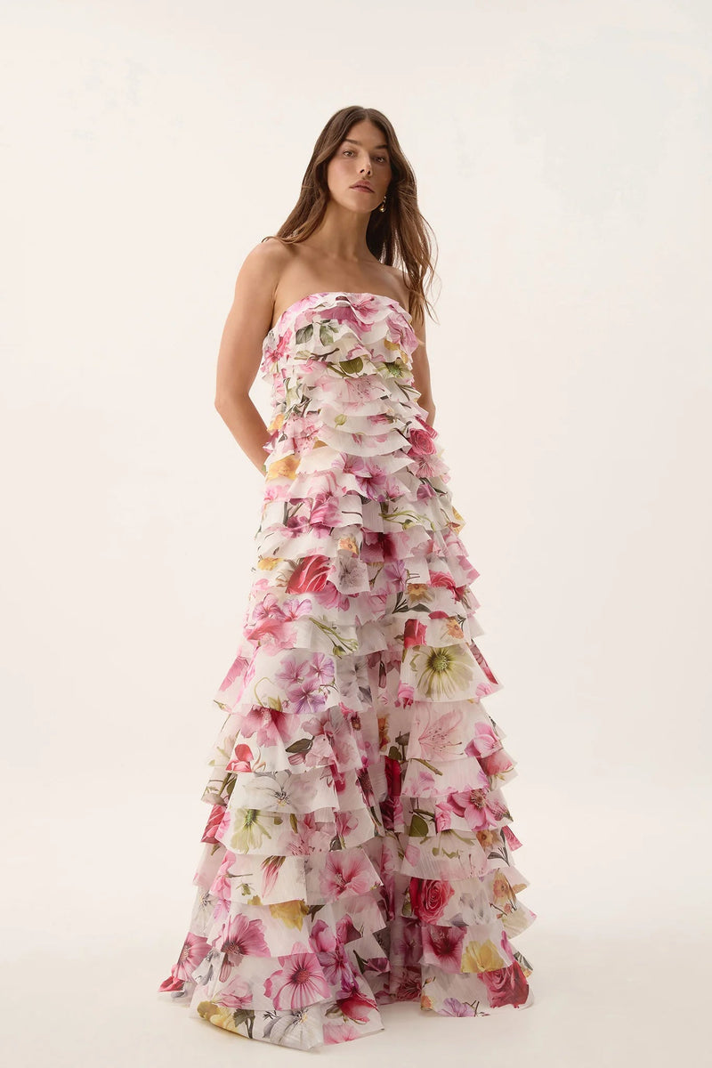 cathy floral print Pleated layer strapless maxi dress in pink