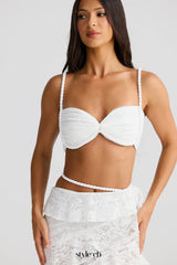 crafted rope crop top  lace skirt set in white