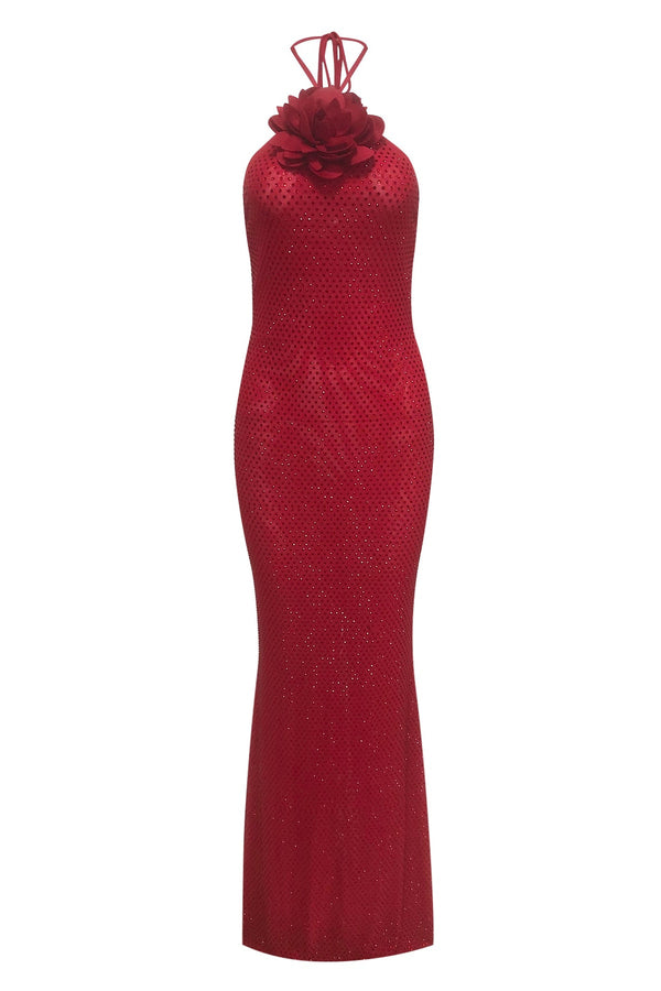 ursula 3d flower sequin halter maxi dress in red