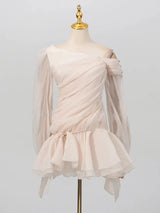 Apricot Ruffle Diagonal Long Sleeve Mini Dress