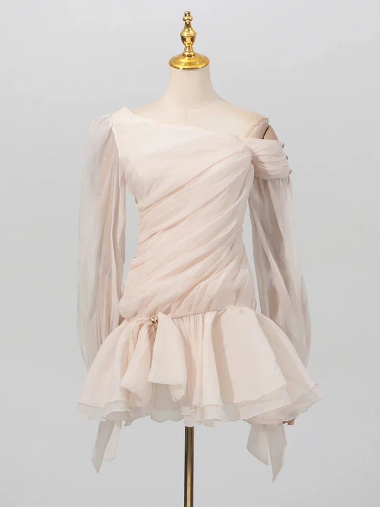 Apricot Ruffle Diagonal Long Sleeve Mini Dress