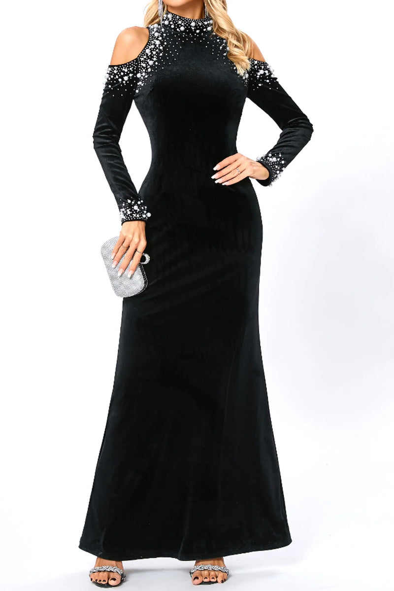 barbara sequin embellished long sleeve maxi dress in black