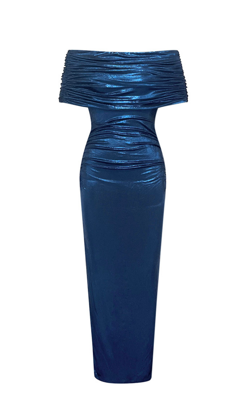 BLUE DRAPED OFF SHOULDER MAXI DRESS