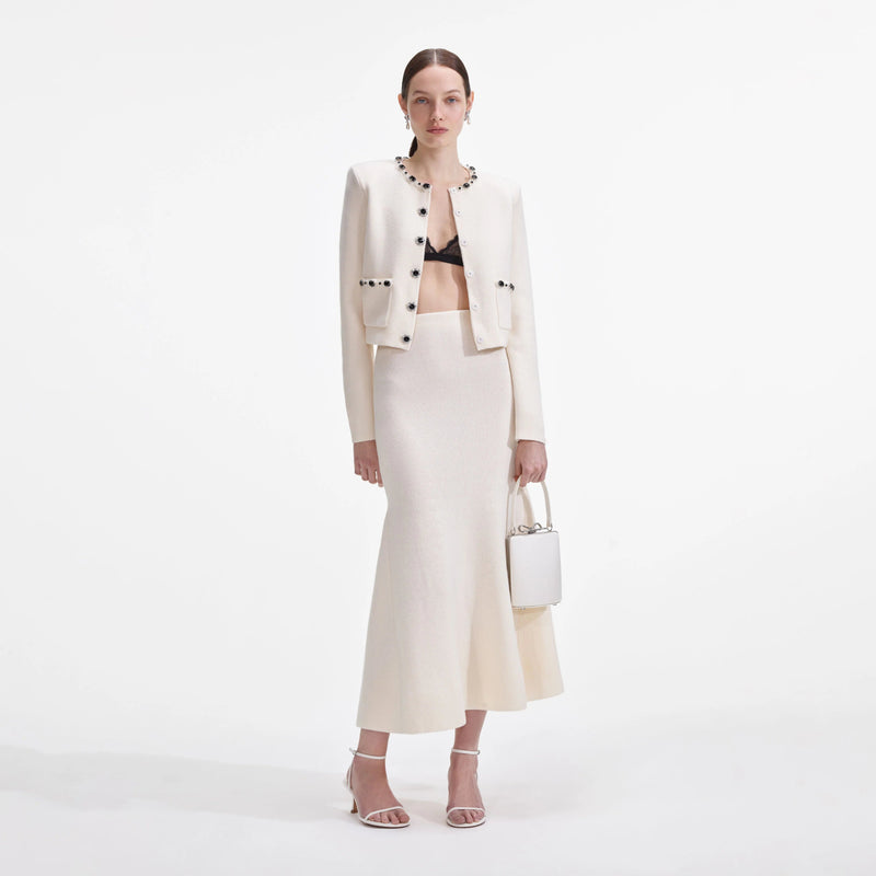 virginia Cream Embellished Cardigan skirt set