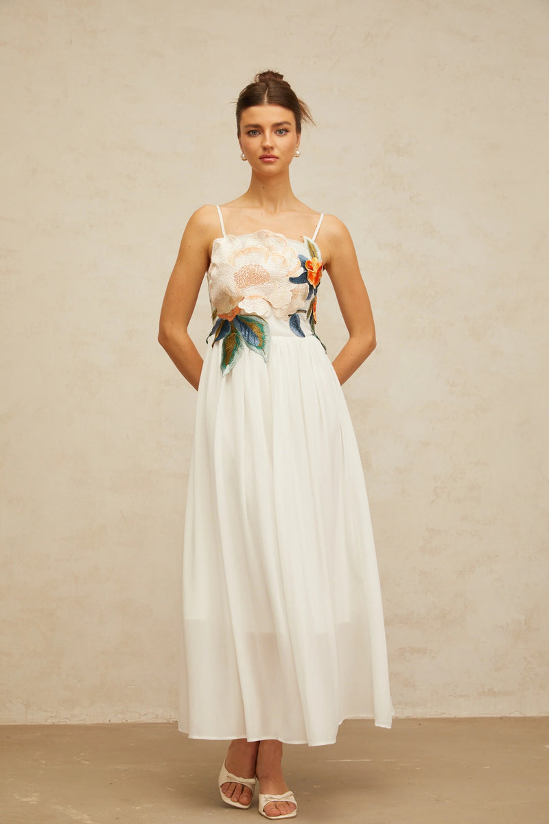 joann Appliqué Camellia Floral Maxi Dress in white