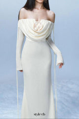 lila flower embellished pleated strapless maxi dress in white