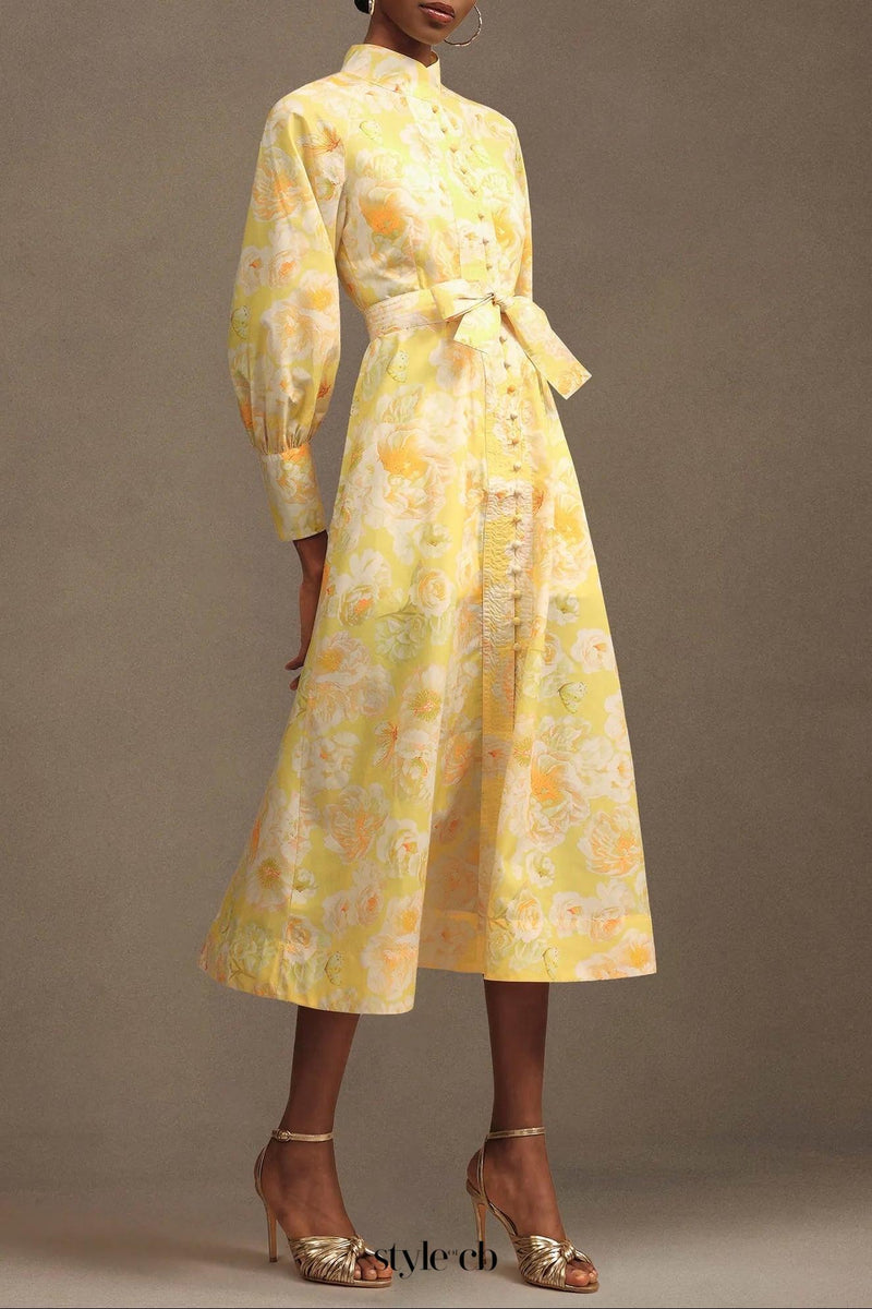 xaviera Long Sleeve Floral Printed Chiffon Maxi Dress in yellow