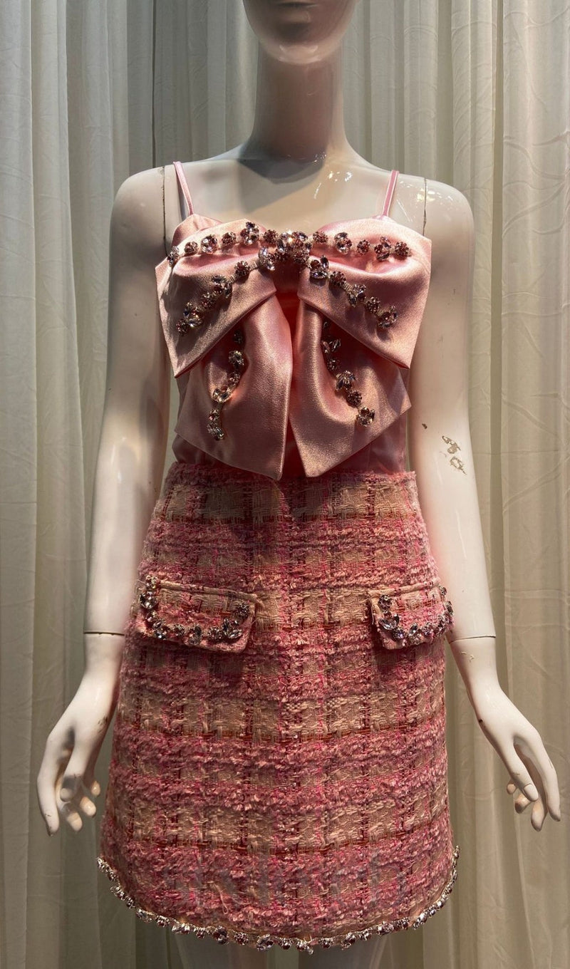 bow rhinestone two-piece set in pink