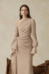 brianna Asymmetric Long Sleeve pleated maxi Dress in beige