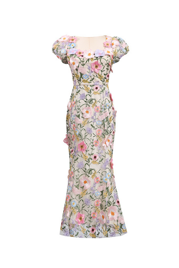 Nydia multicolor Square collar with 3D flower embroidery maxi dress
