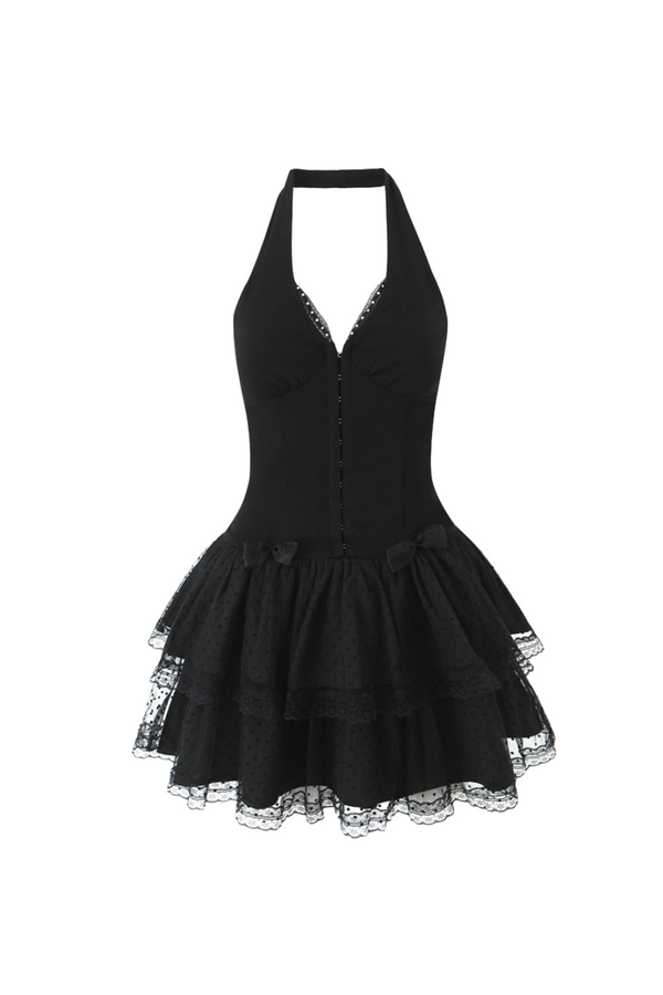 gina Mesh Halter Neck Corset Mini Dress in black