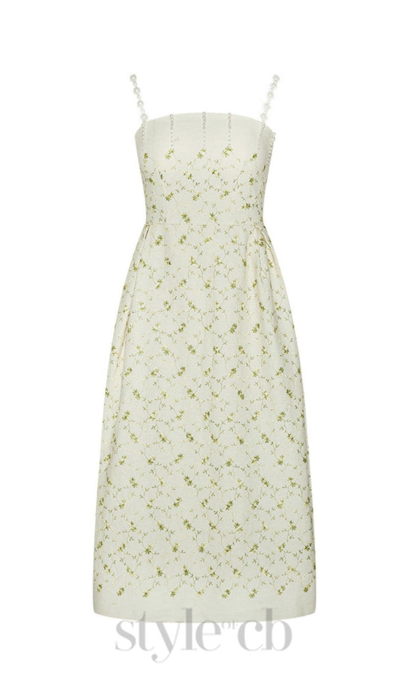 GREEN PRINTED PERAL STRAPS MIDI DRESS
